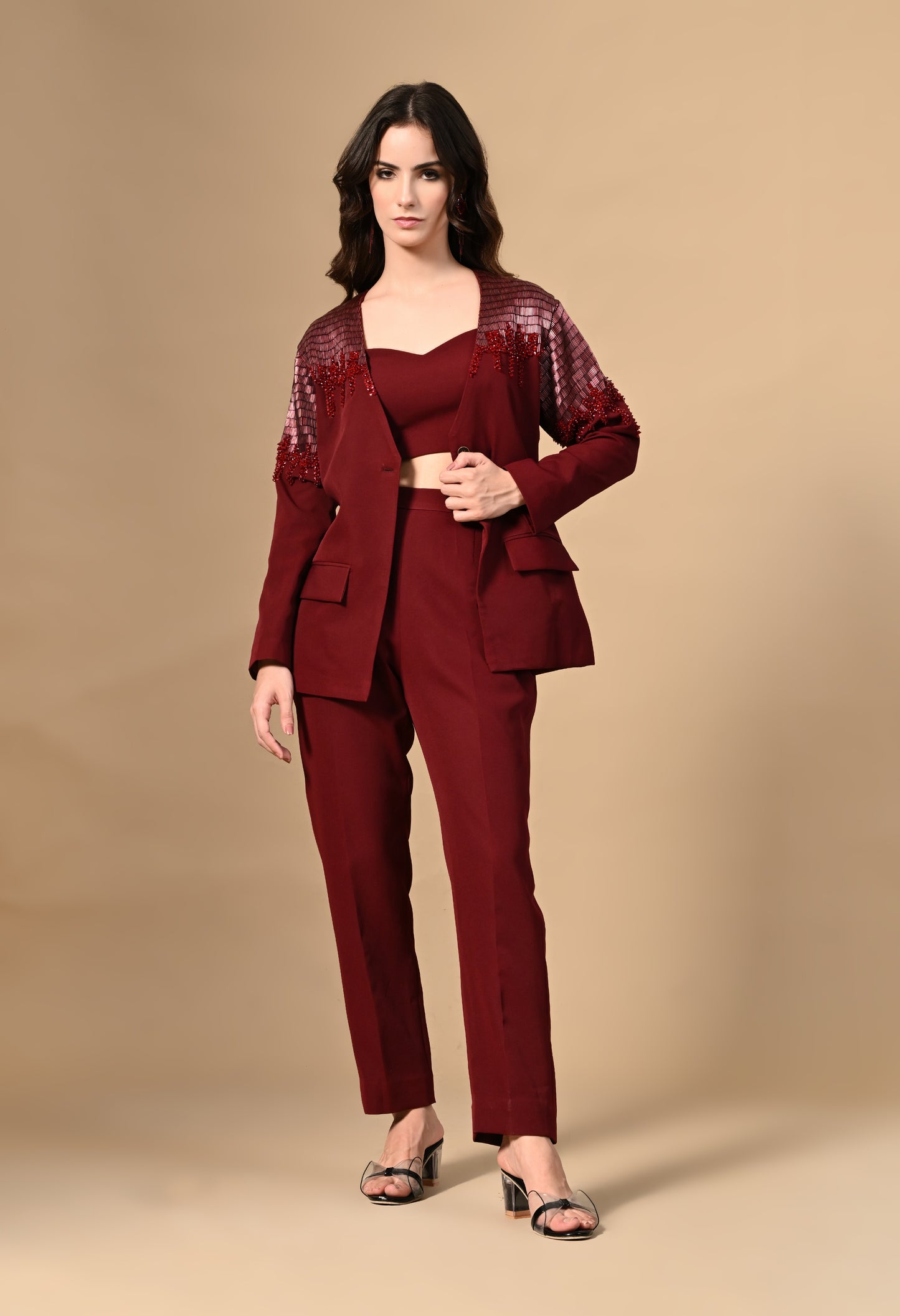 Maroon Marvel Hand Embroidered Pant Suit