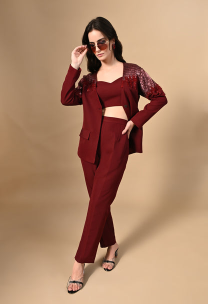 Maroon Marvel Hand Embroidered Pant Suit