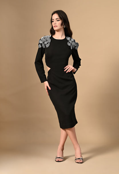 Black Shoulder Bloom Side Cut Dress