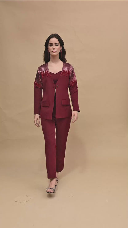 Maroon Marvel Hand Embroidered Pant Suit